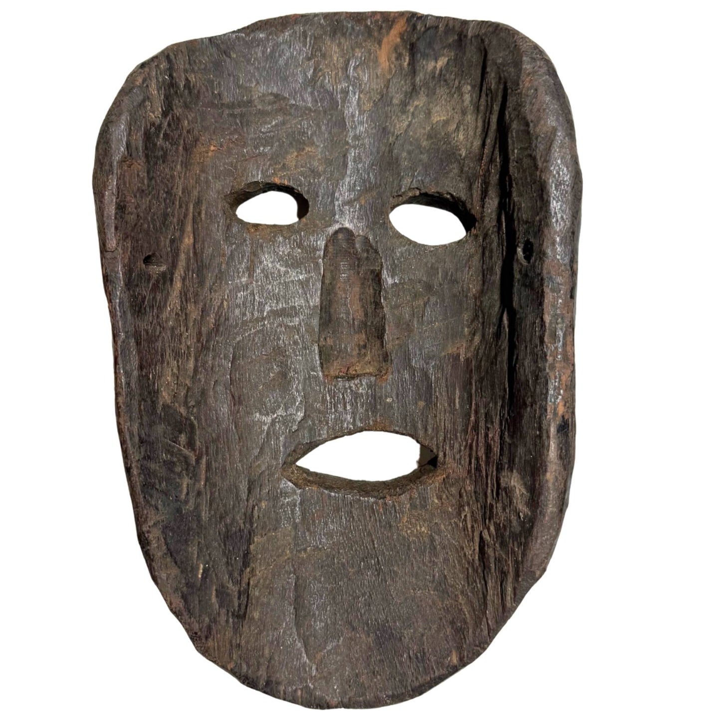 Primitief houten masker uit de Himalaya-regio, handgesneden ritueel object met originele bevestigingsgaten