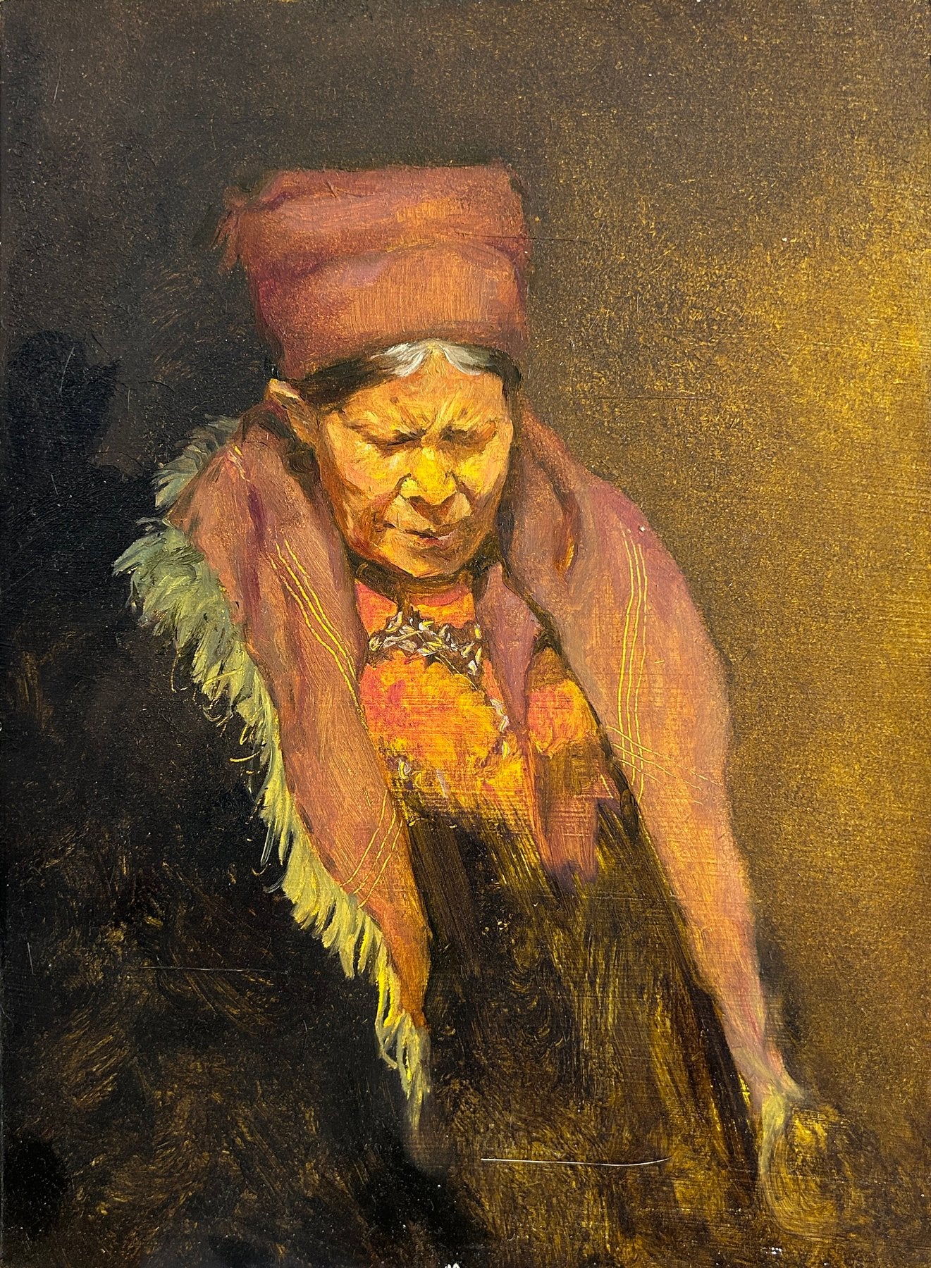 Overzicht van het schilderij Portrait 001 door Li Feng, uitgevoerd in warme geel- en roodtinten op hout.