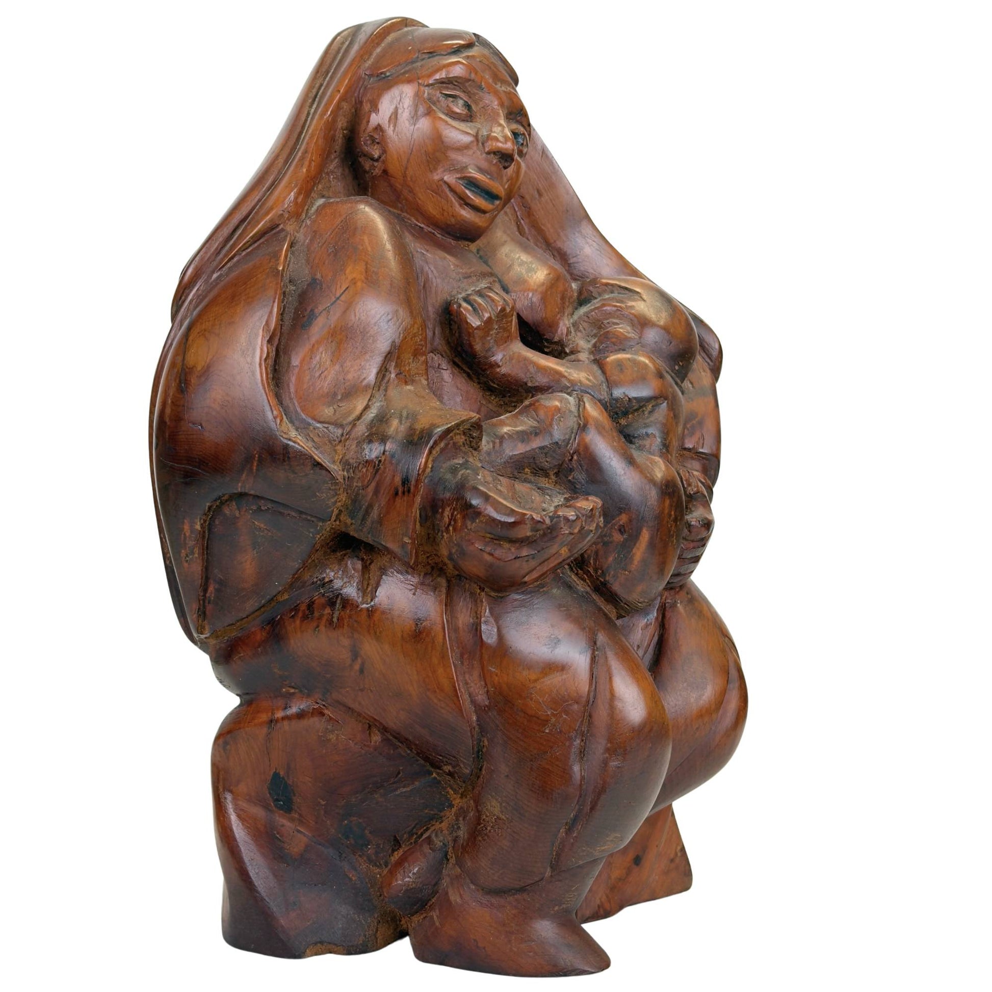 Religieus houten Madonna beeld met Maria en Christuskind