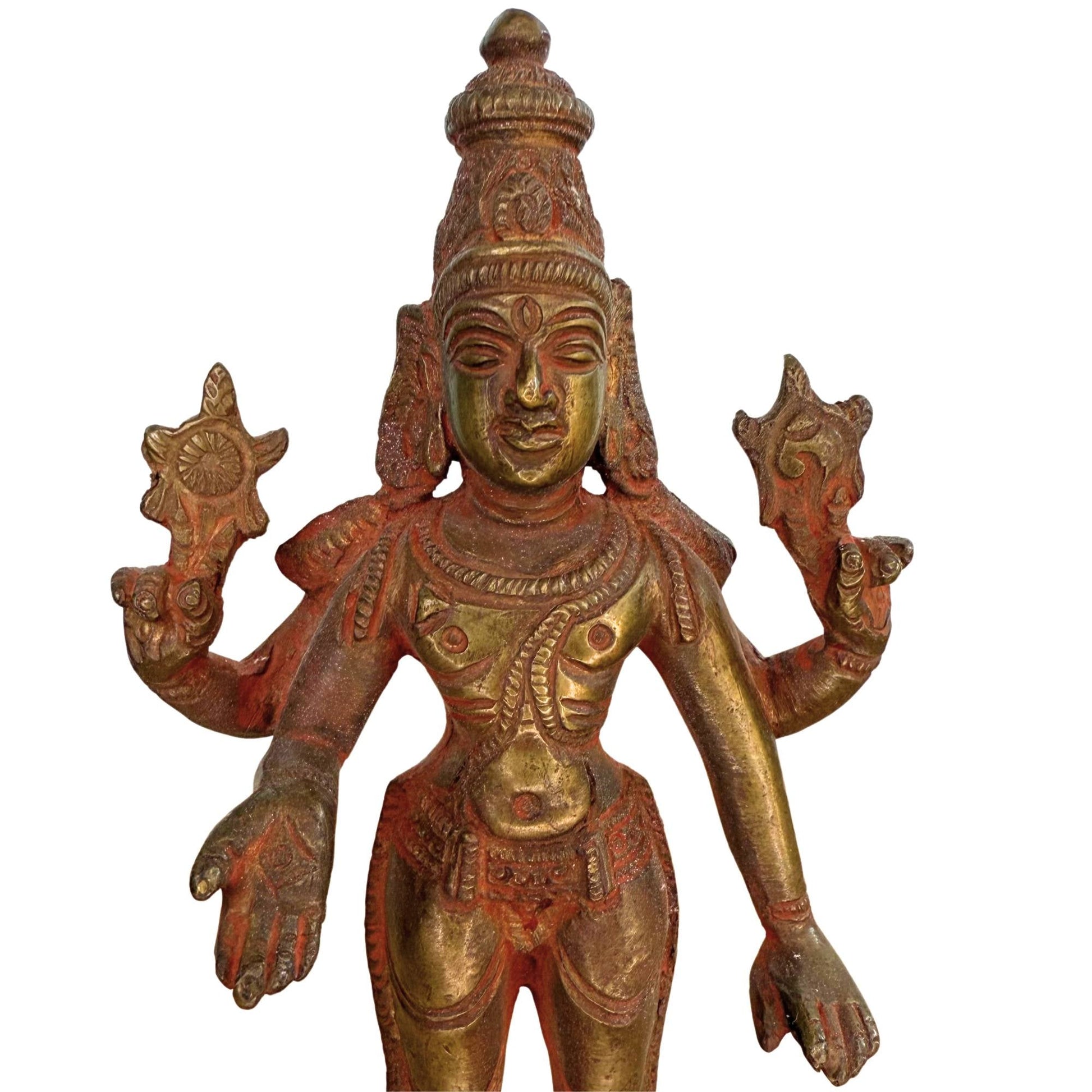 Natuurlijke rituele slijtage op een antiek bronzen Vishnu beeld als bewijs van ouderdom