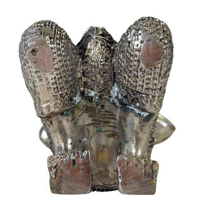 Pair of Thai Thepanom Temple Guardians – Silvered Metal, 17–18 cm – close view of the central details