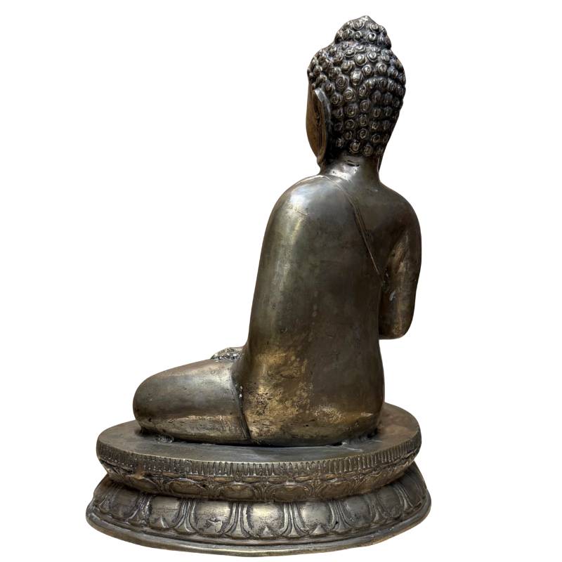 Shakyamuni Buddha bhumisparsha mudra silvered brass antique Himalayan sculpture.