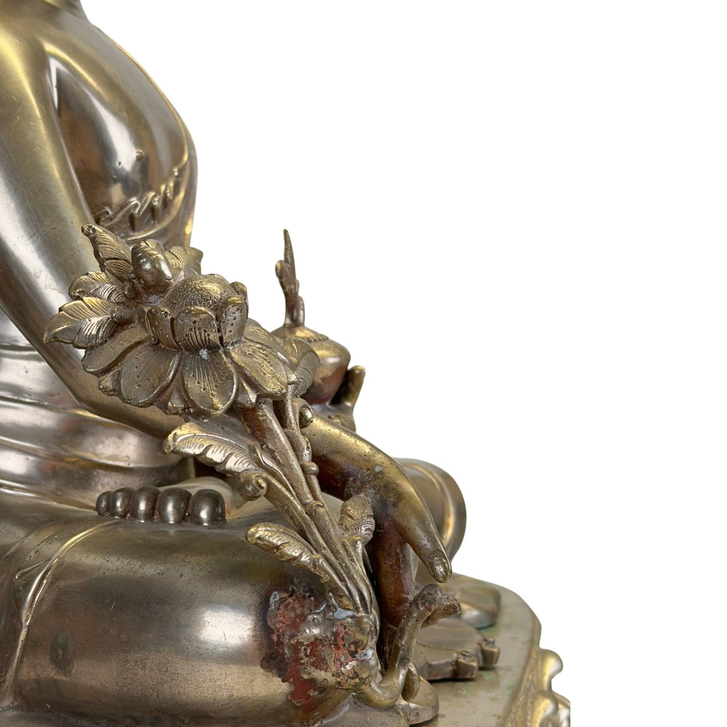 Utpala lotus and medicinal plant detail on the silvered Newar Bhaisajyaguru