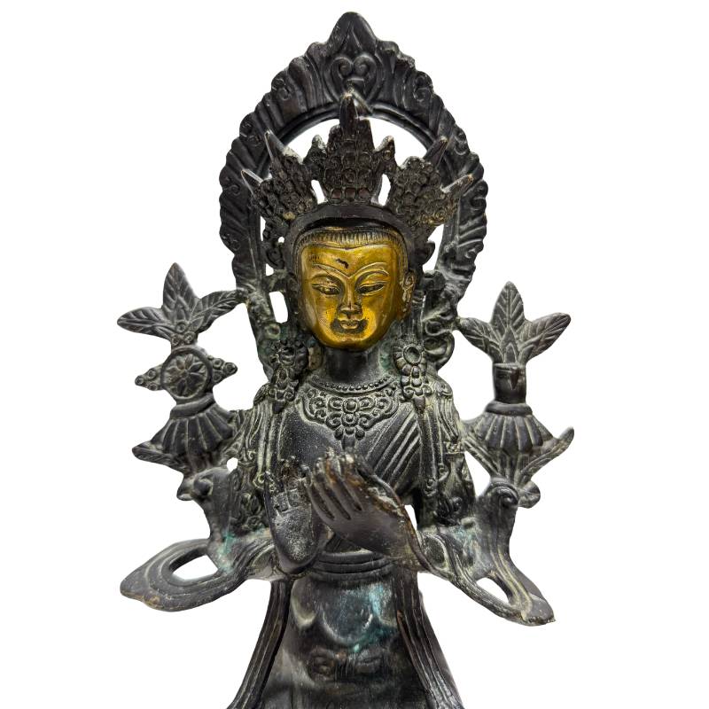 Detail of the Maitreya's gilded face, crown, halo and joined hands