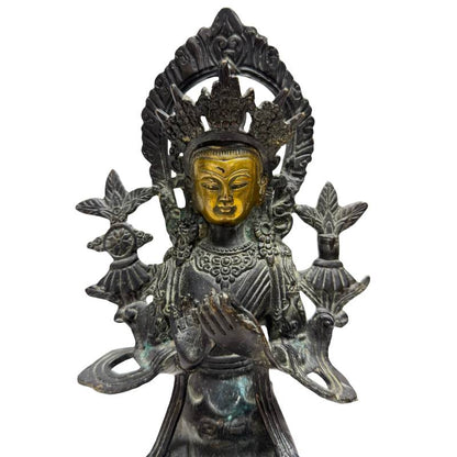 Detail of the Maitreya's gilded face, crown, halo and joined hands