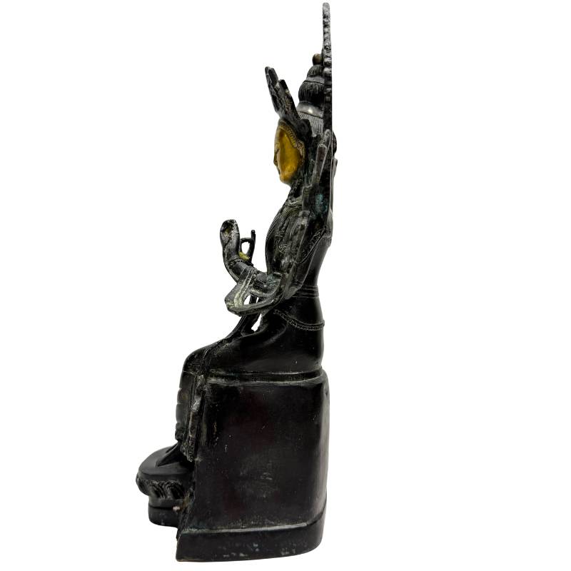 Left profile of the seated Sino-Tibetan bronze Maitreya and pedestal