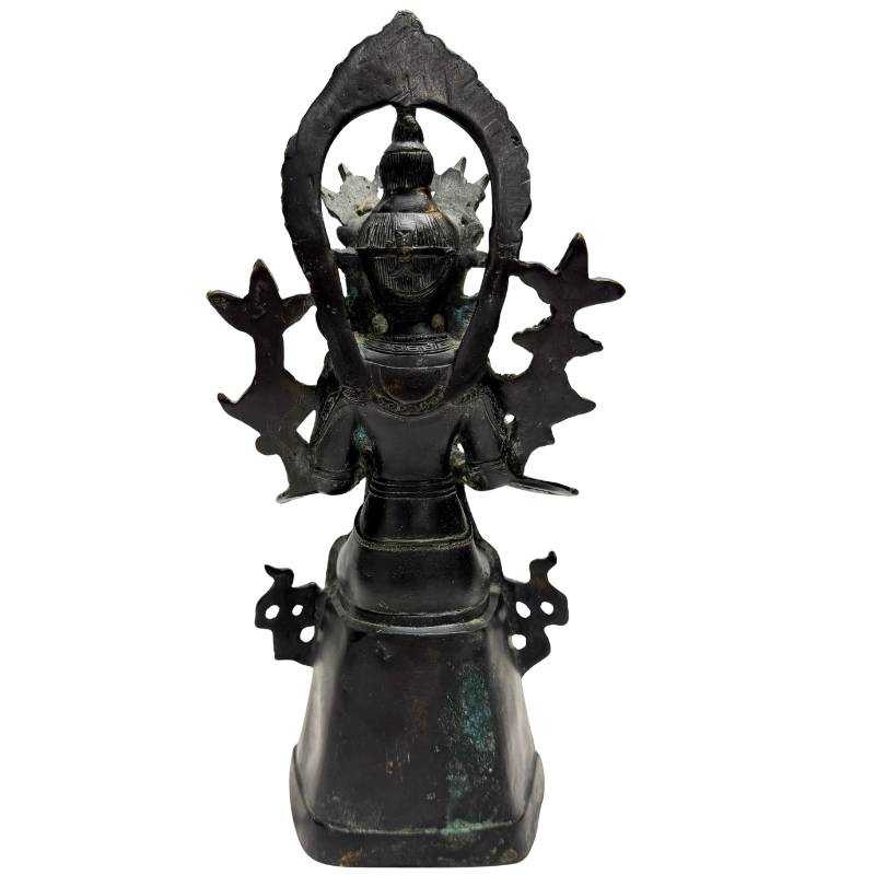 Rear view of the Sino-Tibetan bronze Maitreya with pierced halo and pedestal