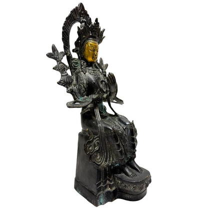 Right-front view of seated bronze Maitreya with halo, lotus stems and ritual attributes