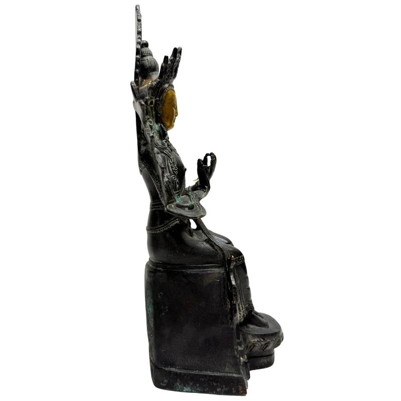 Right profile of the Sino-Tibetan bronze Maitreya on its raised pedestal