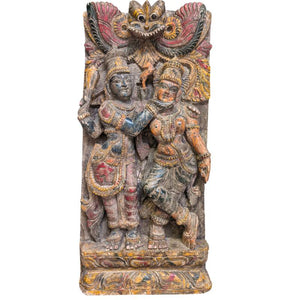 South Indian Muurdecoratie Temple Panel with Vishnu and Lakshmi – Carved Teak Wood Relief with Original Polychromy
