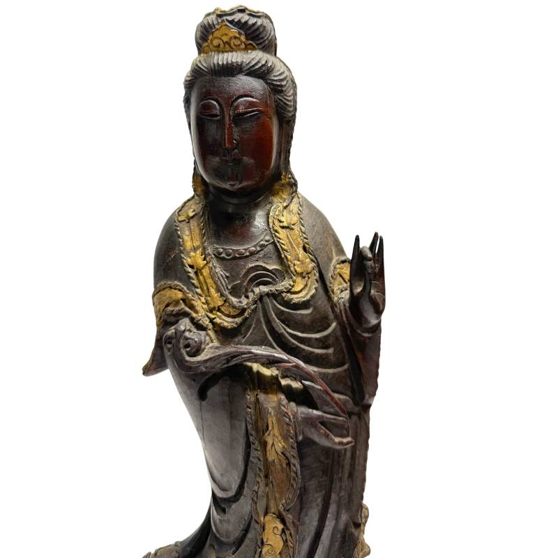 Antiek staand Guanyin Avalokiteshvara beeld van hout, Qing-dynastie boeddhistische sculptuur