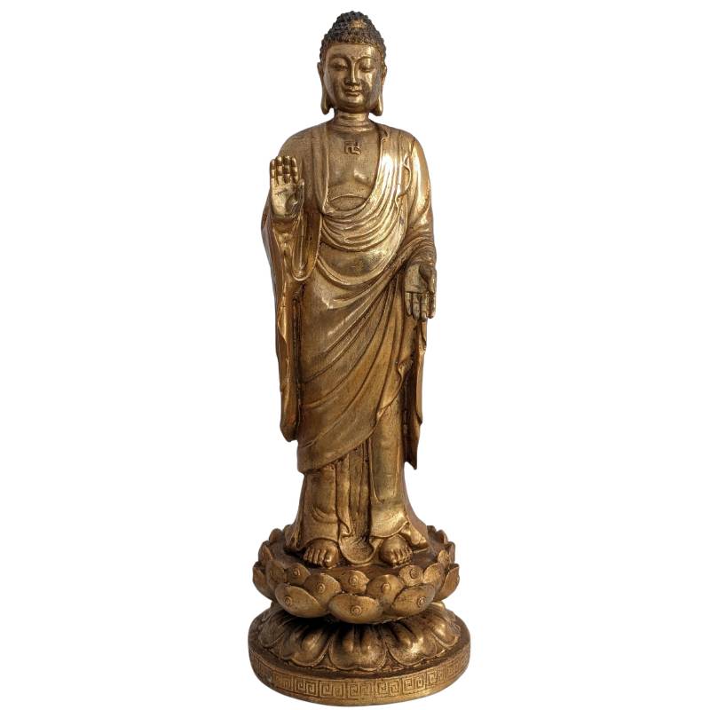 Standing Chinese Gilt Bronze Buddha in Abhaya Mudra – front view