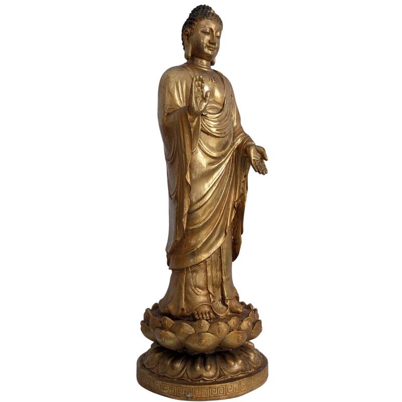 Standing Chinese Gilt Bronze Buddha in Abhaya Mudra – three-quarter front view