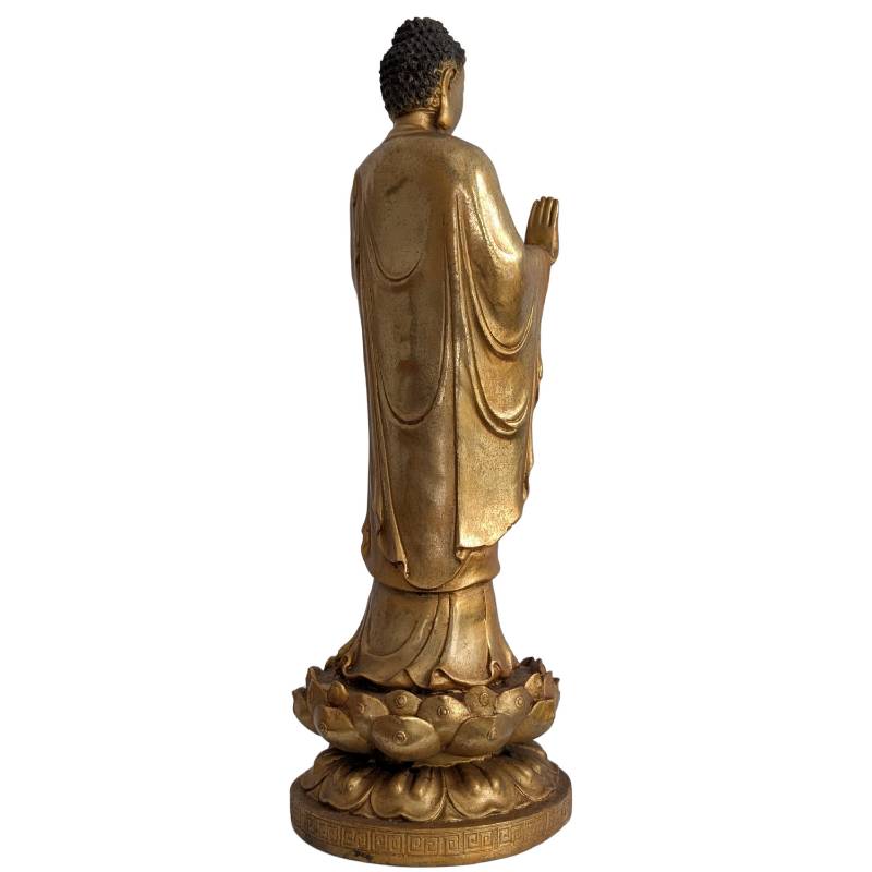 Standing Chinese Gilt Bronze Buddha in Abhaya Mudra – left three-quarter rear view