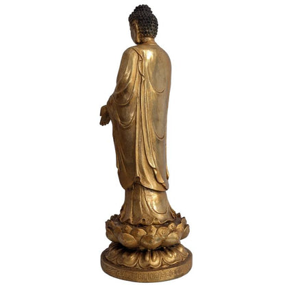 Standing Chinese Gilt Bronze Buddha in Abhaya Mudra – right three-quarter rear view