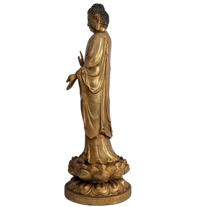 Standing Chinese Gilt Bronze Buddha in Abhaya Mudra – right-side view