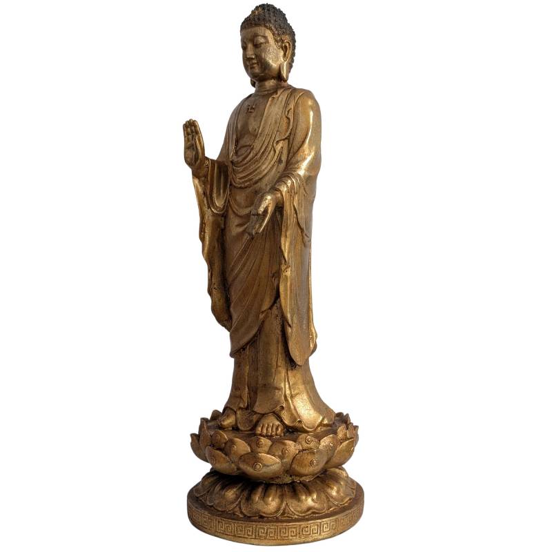 Standing Chinese Gilt Bronze Buddha in Abhaya Mudra – opposite three-quarter front view