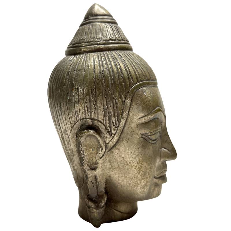 Thaise bronzen Boeddha buste in klassieke Sukhothai stijl, massief oosters kunstobject en historische decoratie op sokkel.