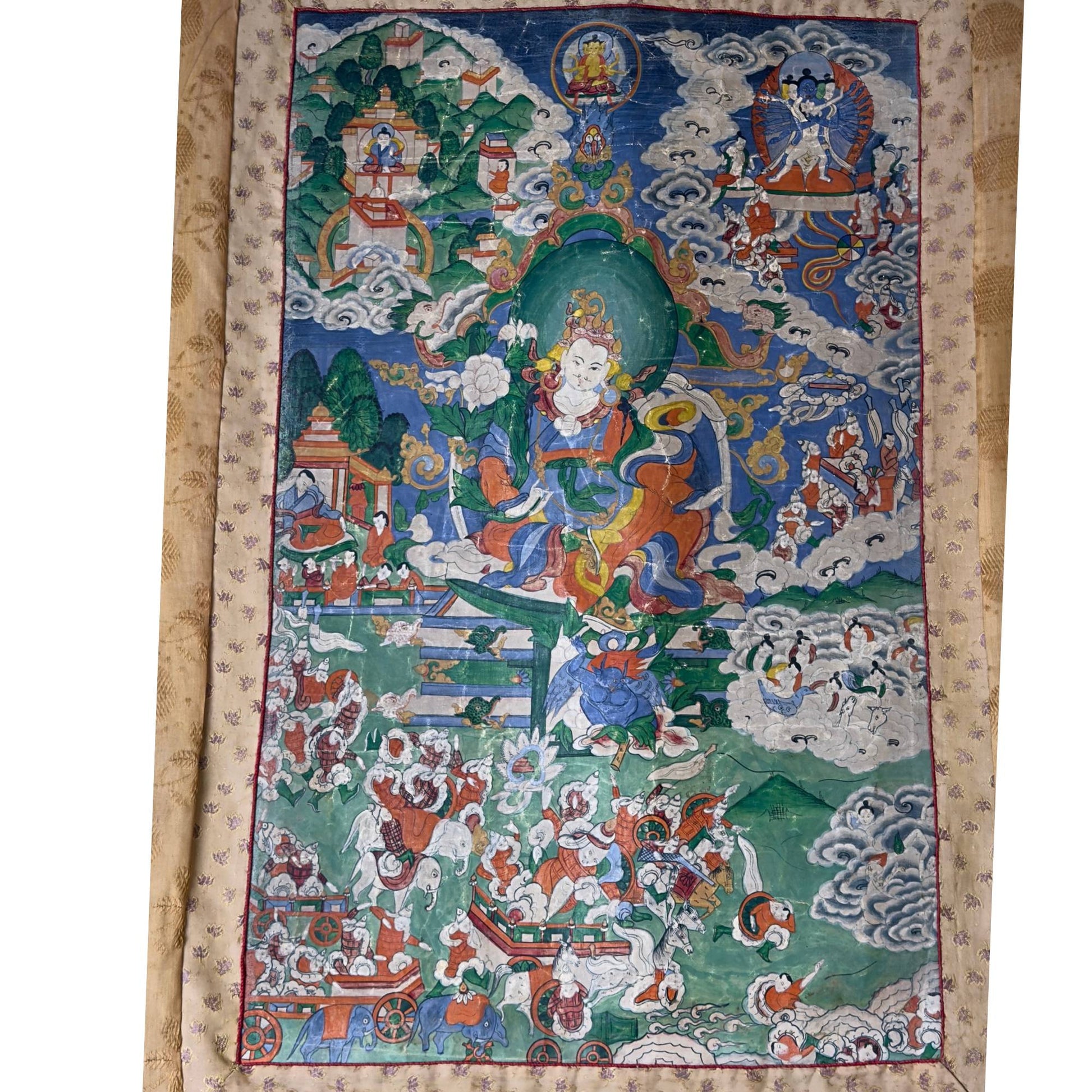 Detail van blauwe tantrische godheid in Yab-Yum vereniging geschilderd met authentieke minerale pigmenten
