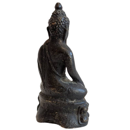 Rear-right view showing the Buddha's robe and dark aged bronze surface