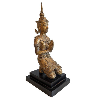 Thai Bronze Thepanom Devotional Figure in Kneeling Pose – three-quarter front view