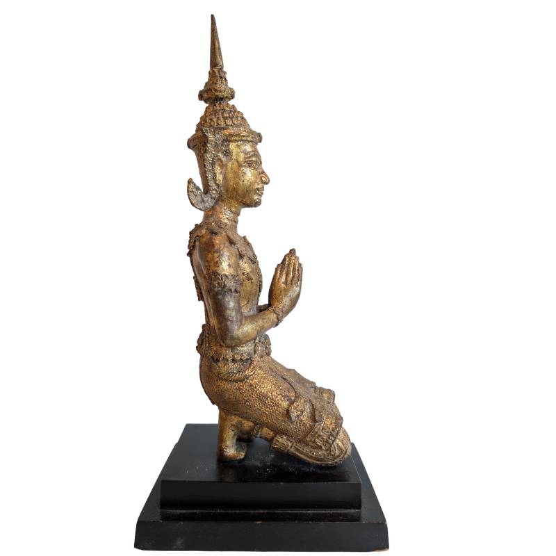 Thai Bronze Thepanom Devotional Figure in Kneeling Pose – left-side view