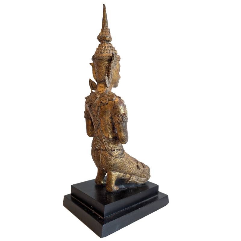 Thai Bronze Thepanom Devotional Figure in Kneeling Pose – left three-quarter rear view