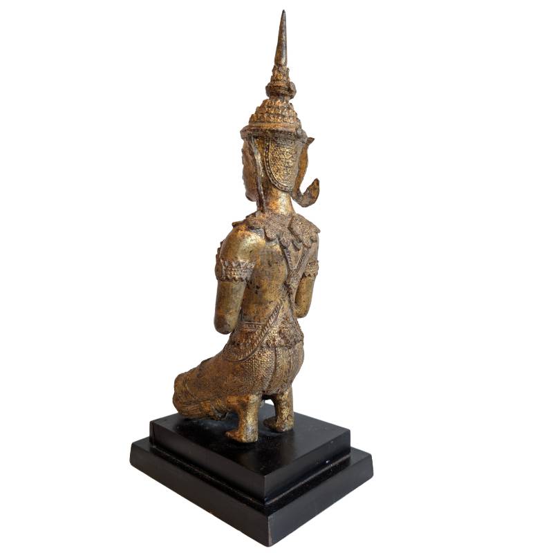 Thai Bronze Thepanom Devotional Figure in Kneeling Pose – right three-quarter rear view