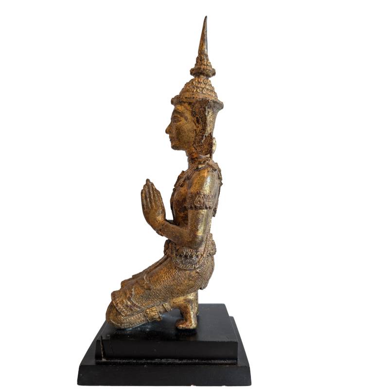 Thai Bronze Thepanom Devotional Figure in Kneeling Pose – right-side view