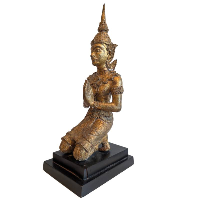 Thai Bronze Thepanom Devotional Figure in Kneeling Pose – opposite three-quarter front view