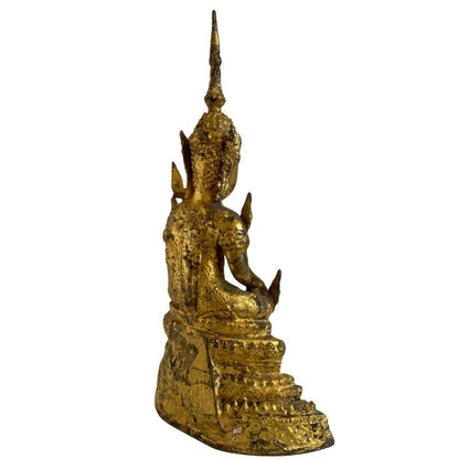 Rear angle of Thai gilt bronze Buddha and stepped temple-style base