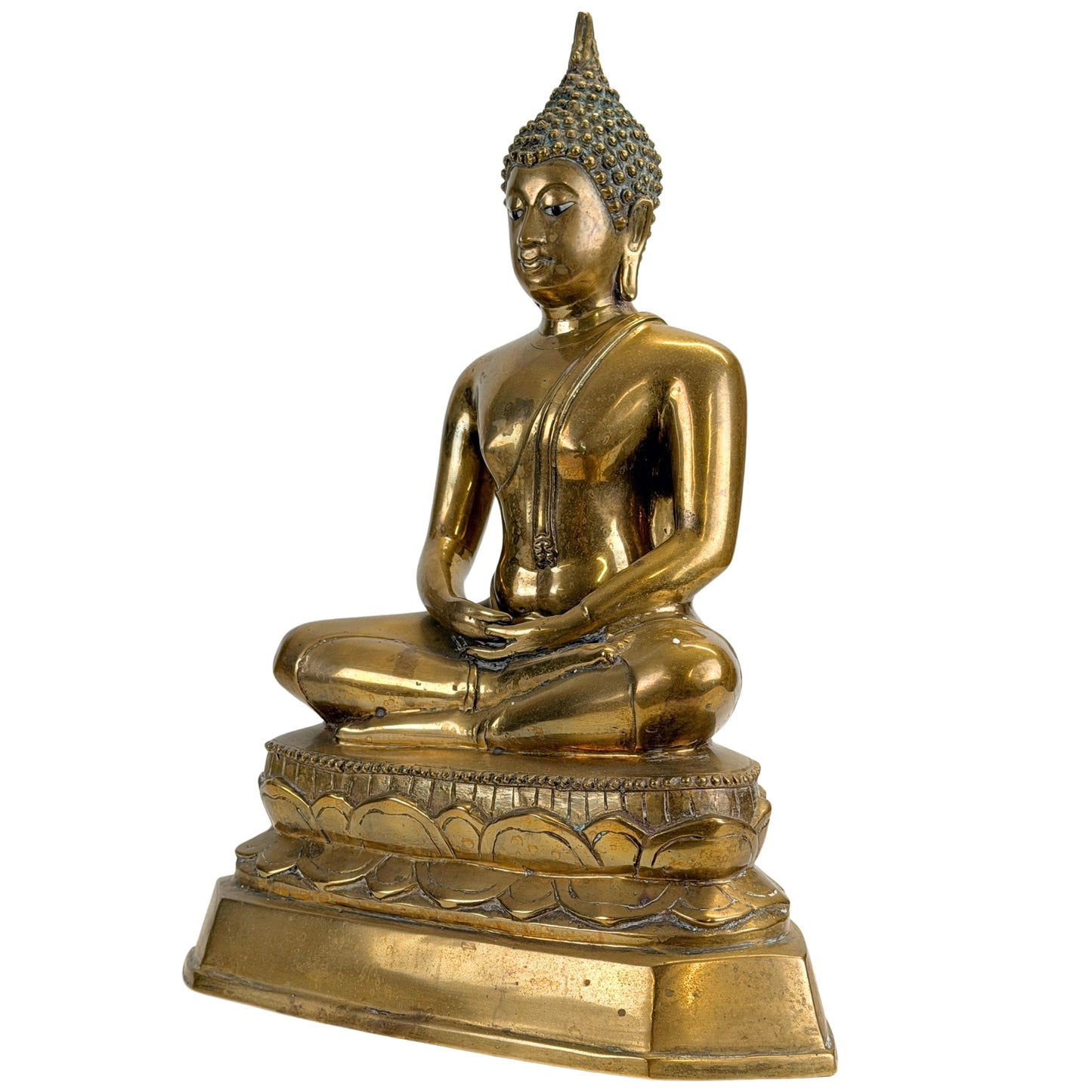 Antique Thai Shakyamuni Buddha with aged gold-toned surface, front left three-quarter view