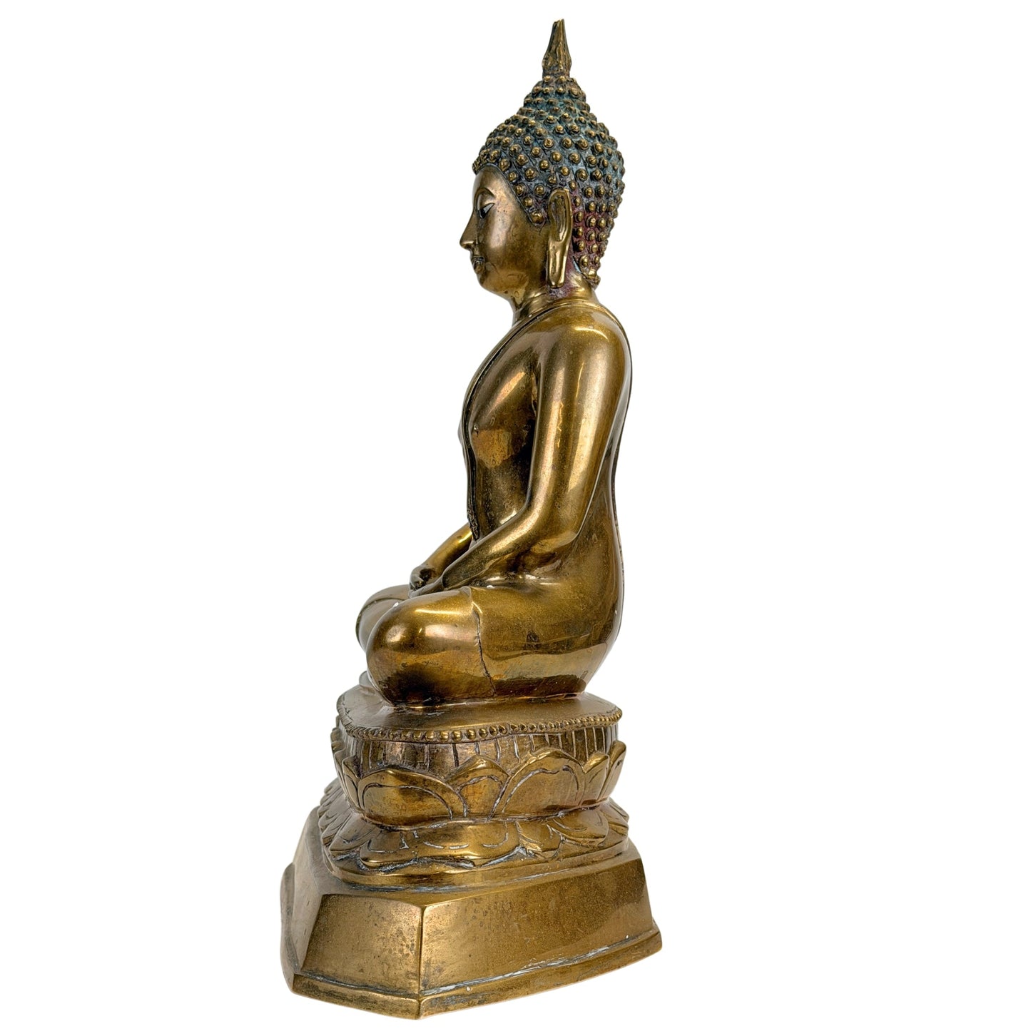 Left-side view of the antique Thai Shakyamuni Buddha in copper alloy