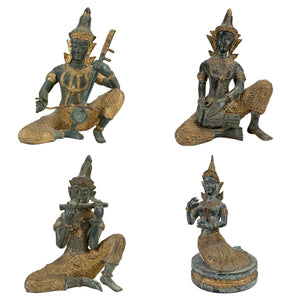 Thaise Bronzen Tempelmuzikanten en Danseres – Set van 4 Sculpturen – 2,4 kg
