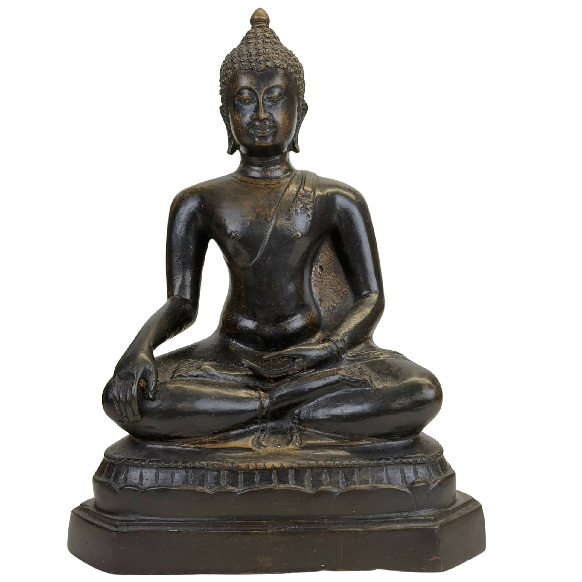 Thaise bronzen Boeddha met donkere patina in Bhumisparsha mudra