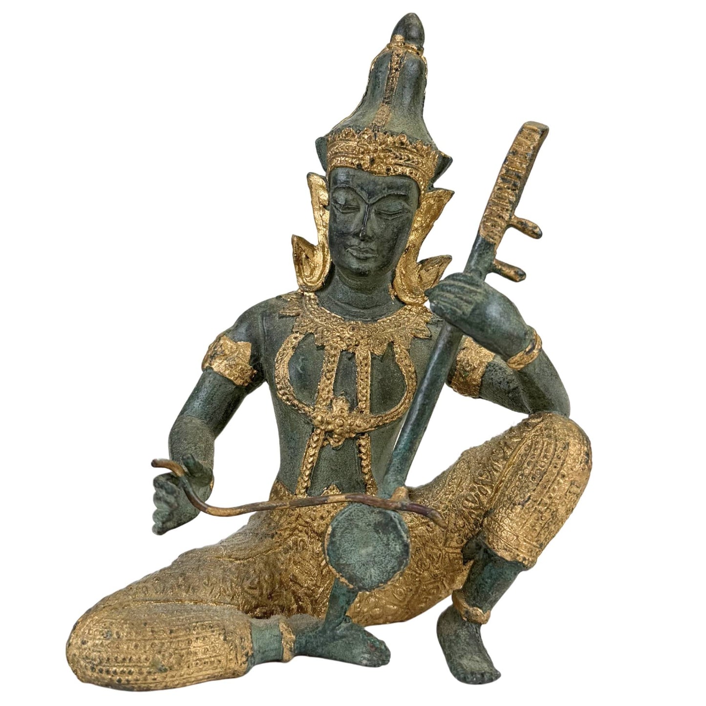 thaise bronzen muzikant sculptuur snaarinstrument goud patina