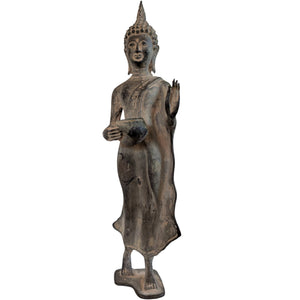 Thaise Staande Bronzen Boeddha met Almoezenschaal en Abhaya Mudra - 29 cm