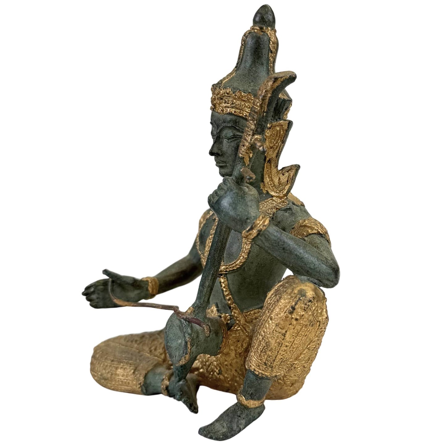 thaise tempelmuzikant brons sculptuur traditionele trommel goud