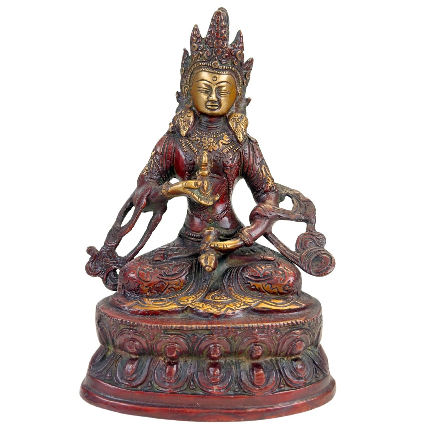 Tibetaans Vajrasattva beeld van brons met roodbruine patina, vergulde accenten en lotusbasis
