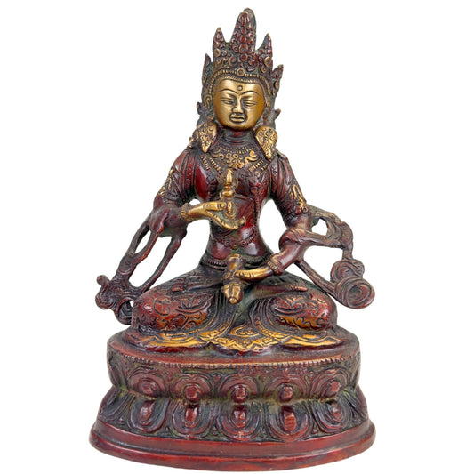 Tibetaans Vajrasattva beeld van brons met roodbruine patina, vergulde accenten en lotusbasis