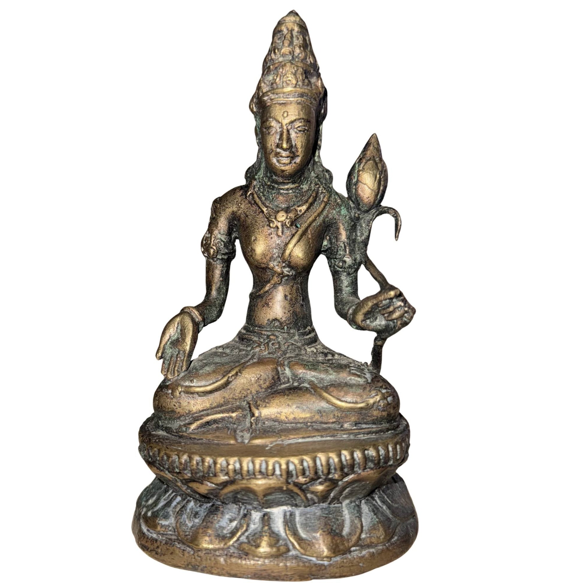 Tibetaanse Avalokiteshvara van brons op lotusbasis met oude oxidatie en rituele uitstraling
