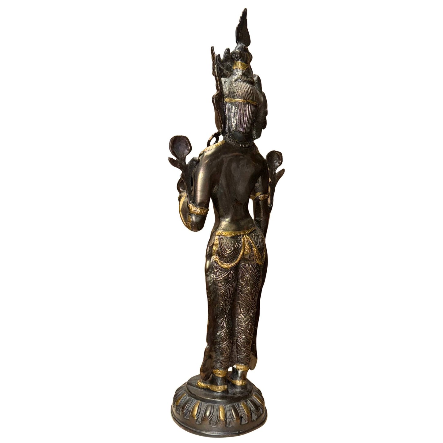 Tibetaanse bronzen Tara met donkere patina en oude goudaccenten in de details