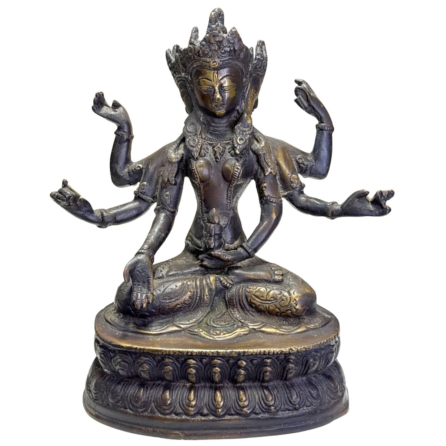 Tibetaanse Ushnishavijaya godin van brons met donkere patina en vergulde details