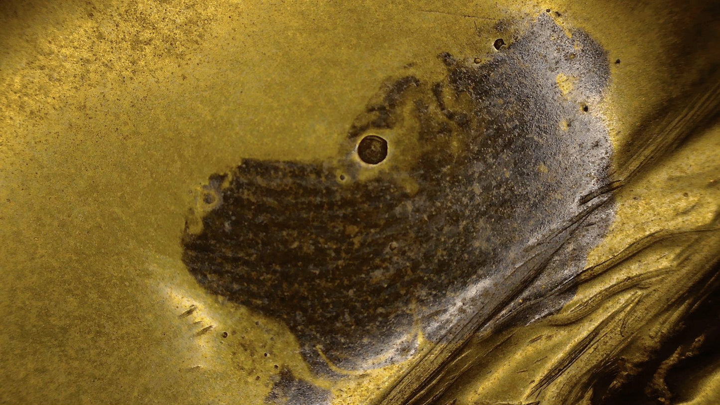 Microscopic detail of the brown patinated bronze surface of the Tibetan Buddha