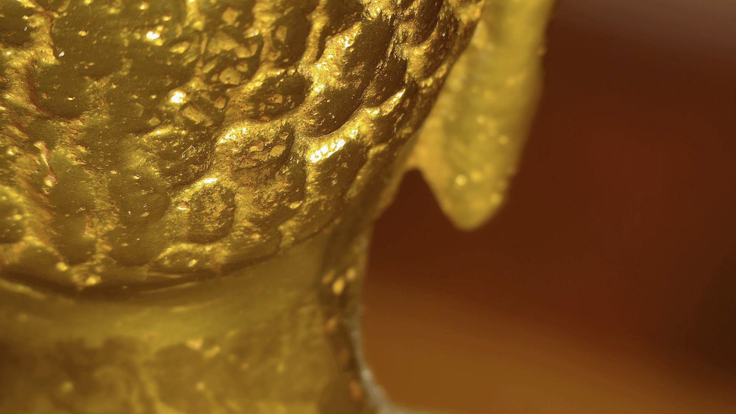 Microscopic detail of historic patina on the rear of the Tibetan Buddha's head