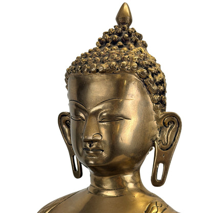 Facial detail of the Tibetan Shakyamuni Buddha with elongated earlobes