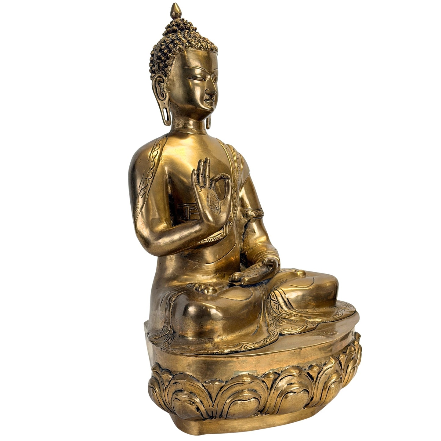 Antique Tibetan Shakyamuni Buddha in bronze, front right three-quarter view