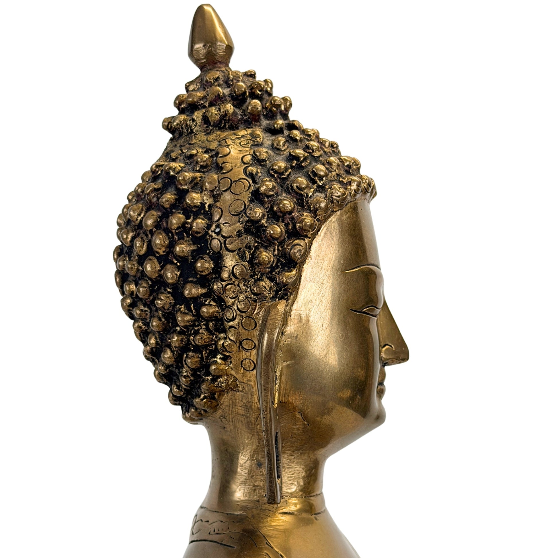 Hair curls and elongated earlobe of the Tibetan Shakyamuni Buddha, right-side detail