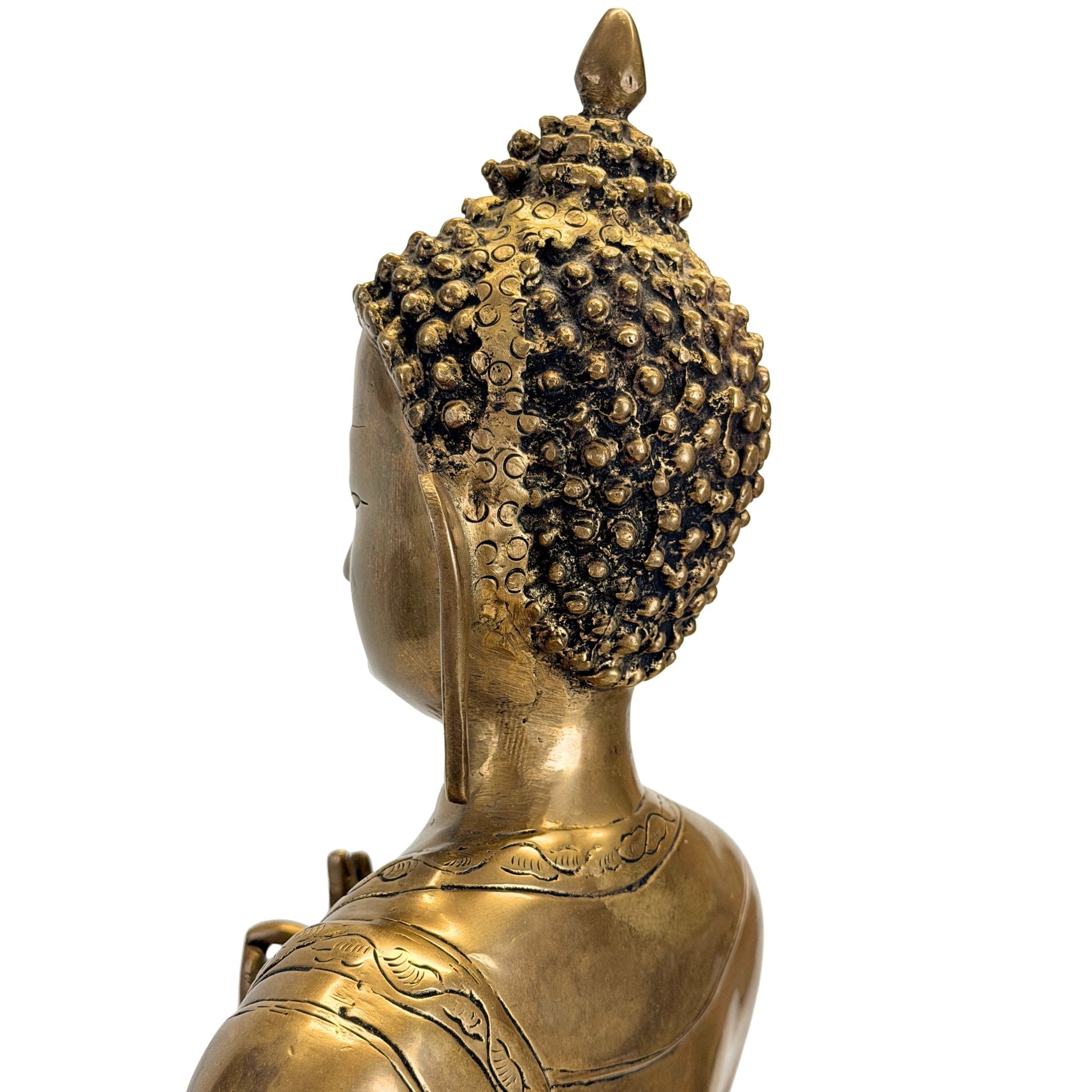 Left rear detail of the head and hair curls of the Tibetan Shakyamuni Buddha