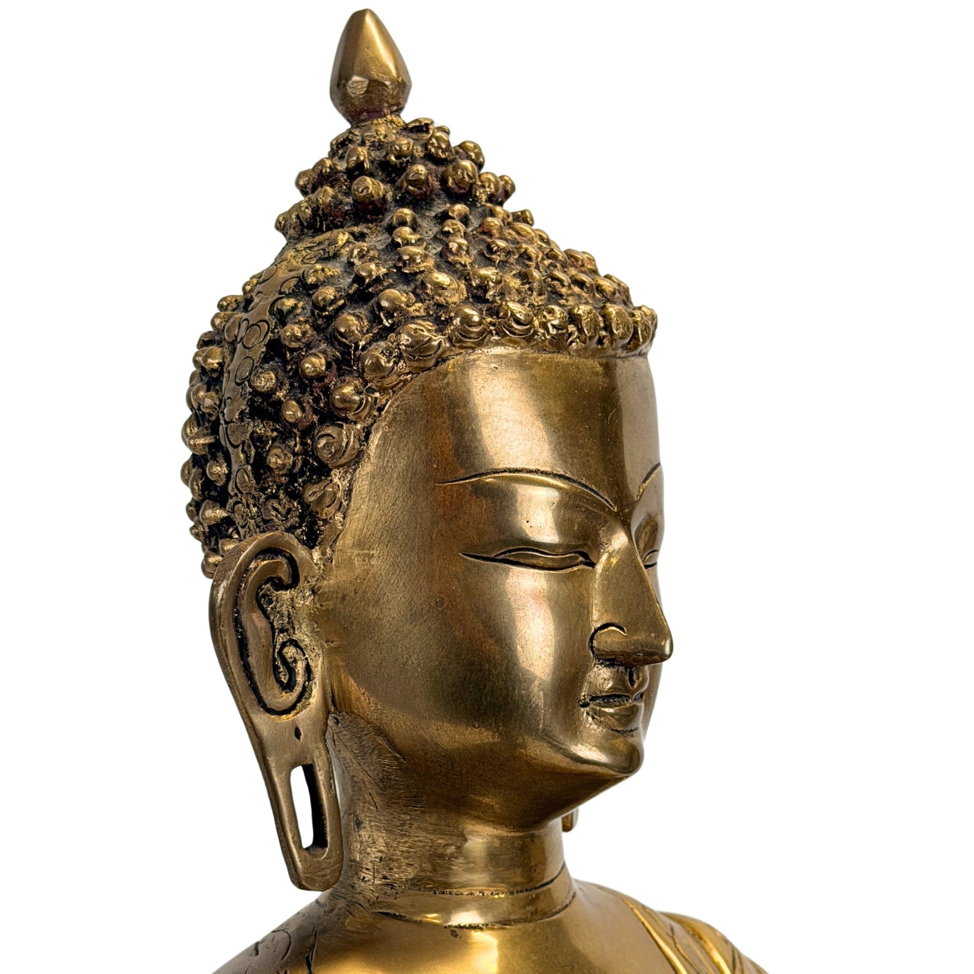 Right profile of the head of the antique Tibetan Shakyamuni Buddha